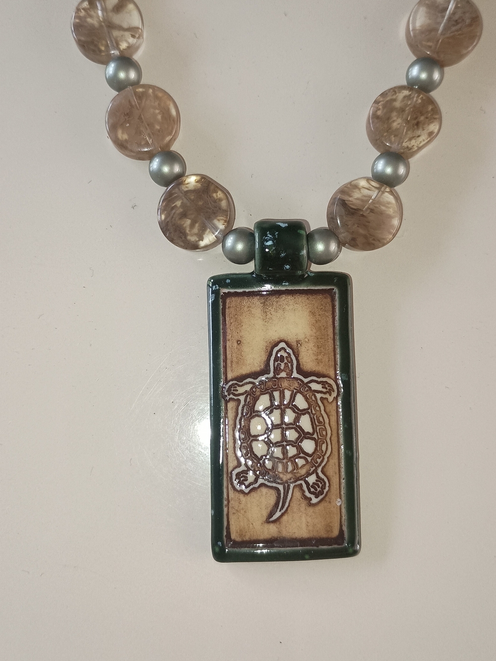 Handcrafted Turtle Pendant Necklace in Brown and Green